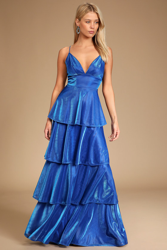 Glam Blue Metallic Dress - Tiered Maxi ...